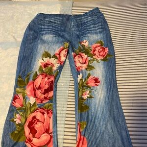 Floral Embellished Blue Wide Leg Jeans